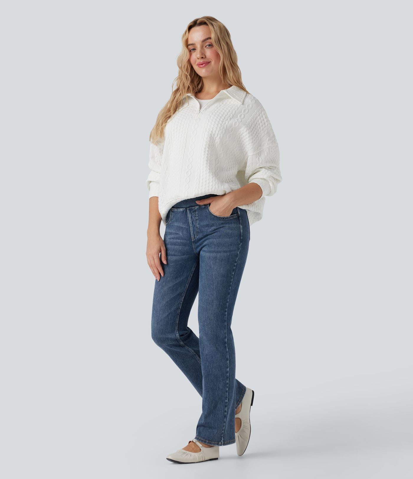 Halara Flex™ Jean évasé casual délavé taille haute gainant avec poches