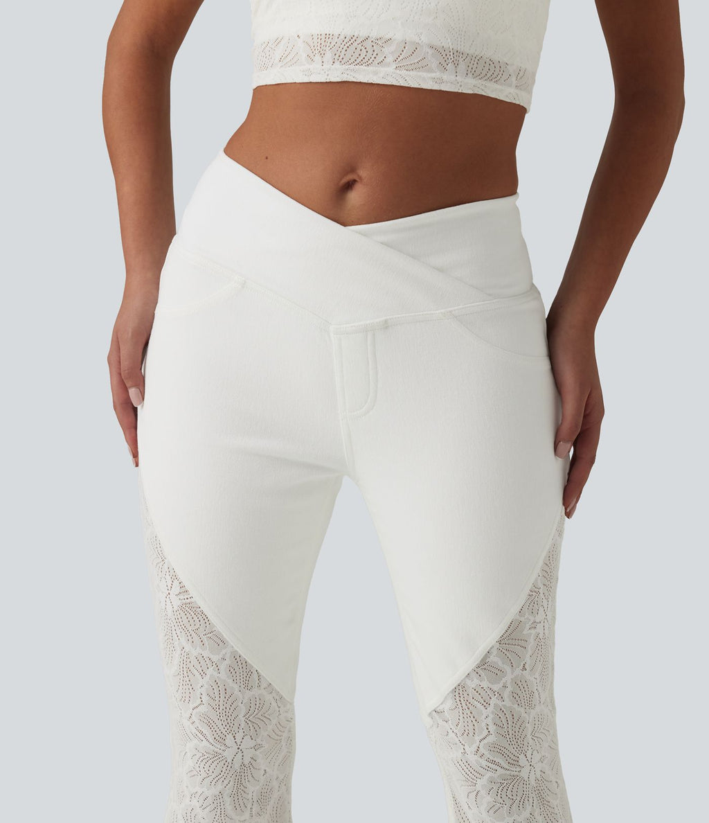 Halara Flex™ Jean évasé casual taille haute ventre plat croisé dentelle contrastée avec poches