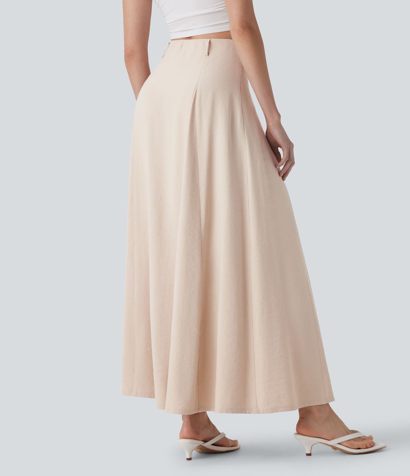 Jupe longue évasée à taille haute avec fermeture éclair invisible, aspect lin