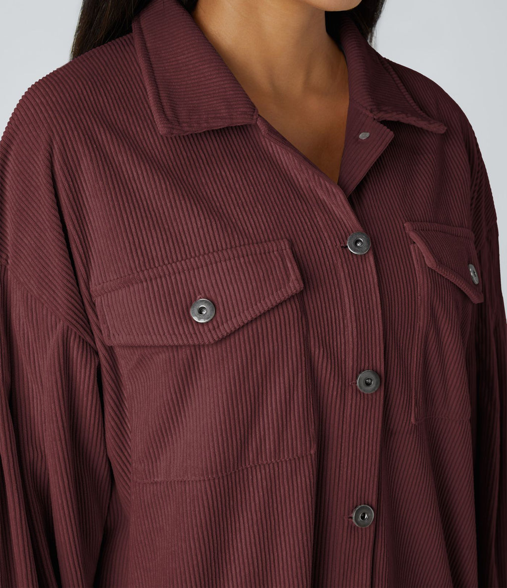 Veste Casual en Velours Côtelé à Col Boutonné Poches et Manches Longues Ourlet Courbé