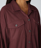 Veste Casual en Velours Côtelé à Col Boutonné Poches et Manches Longues Ourlet Courbé