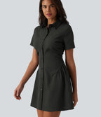 Robe chemise courte casual col manches courtes avec fronces et taille cintrée à rayures