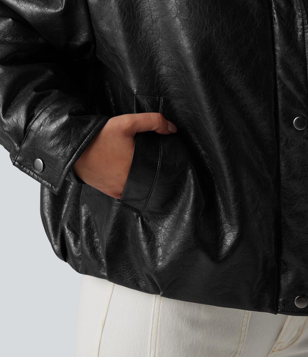 Veste casual en simili cuir à col en fausse fourrure et fermeture éclair avec poches