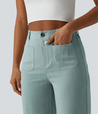 Pantalon taille haute coupe droite effet lin avec poches