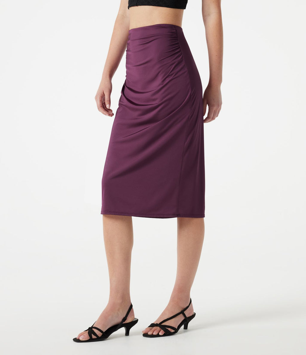 Jupe crayon midi décontracté taille haute extensible aspect satiné à effet frais InstantCool avec fronces