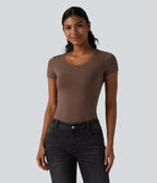 Halara T-shirt en jersey de coton col rond échancré manches courtes avec soutien-gorge intégré bonnets B-DD