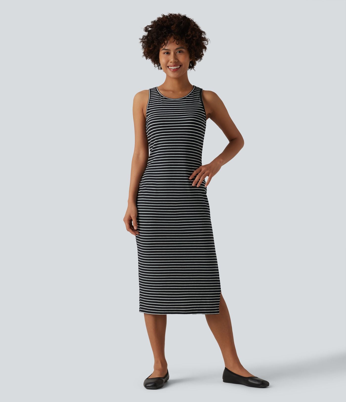 Robe midi moulante casual col rond sans manches à rayures