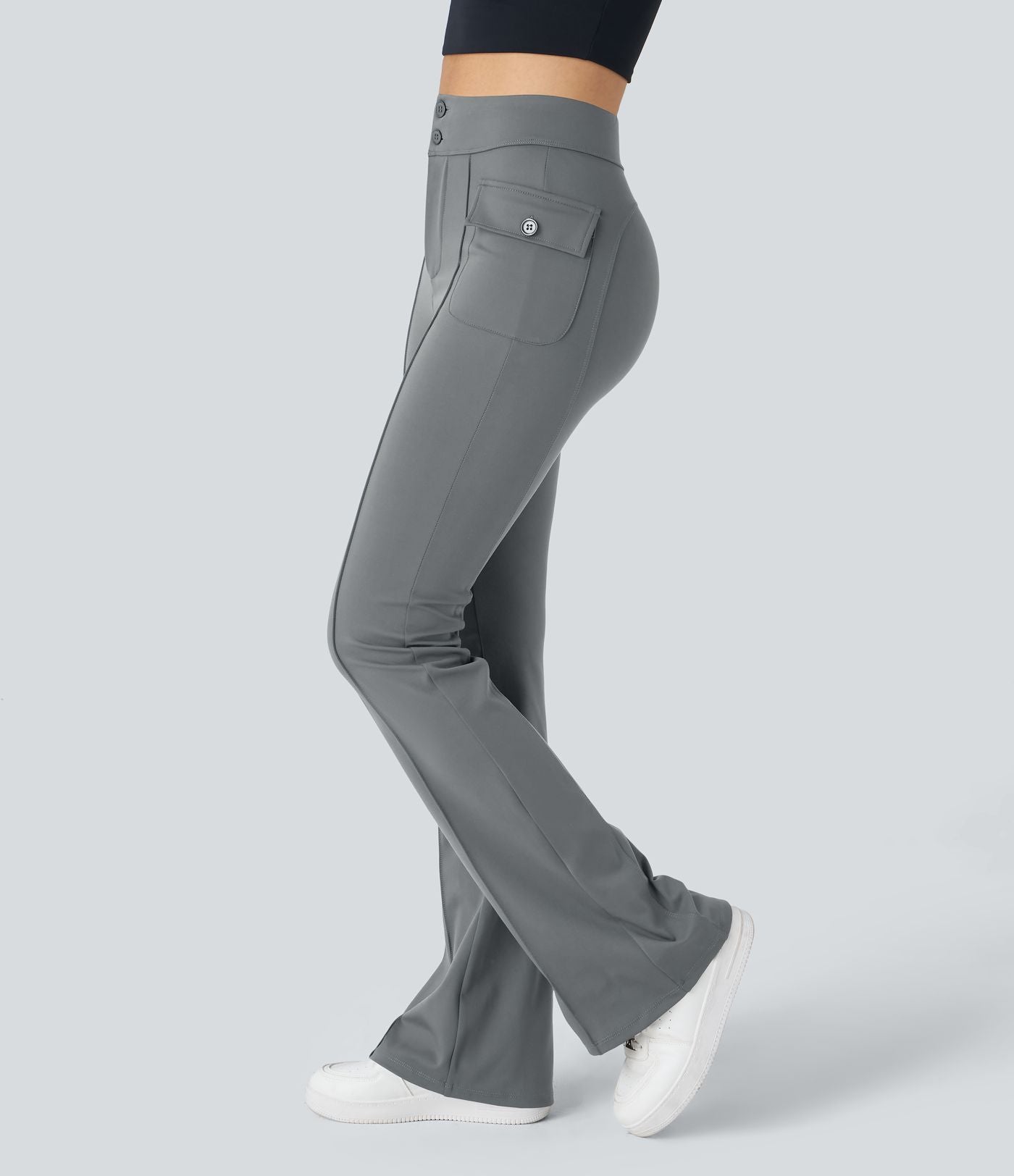 Pantalon cargo décontracté évasé taille haute avec poches à rabat latérales