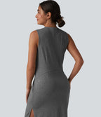 Robe midi décontractée sans manches col tunisien avec poches