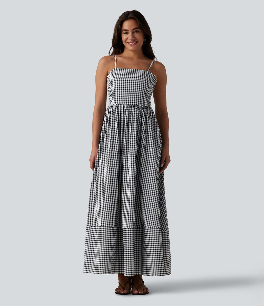Robe longue fluide décontractée à bretelles motif vichy avec fermeture éclair invisible et poches