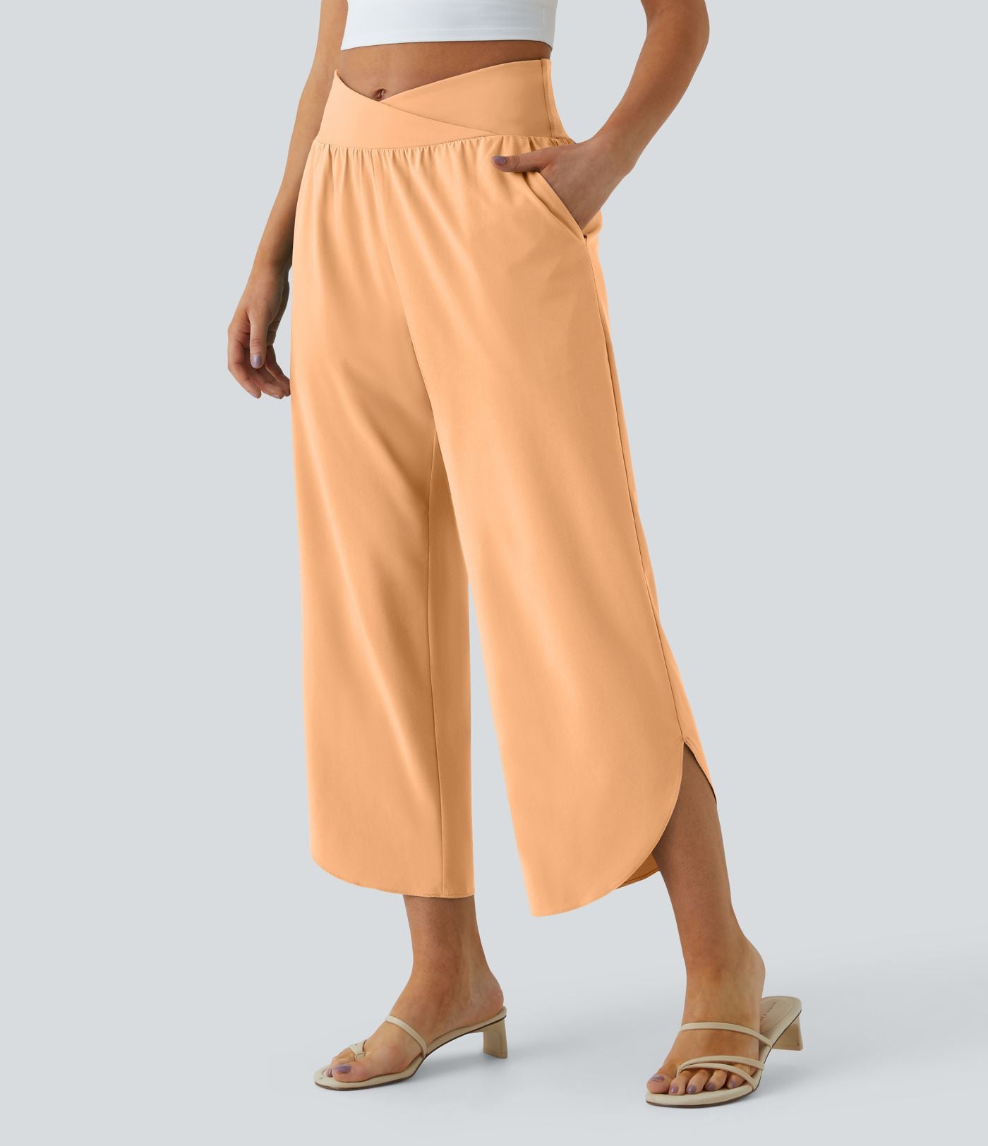 Breezeful™ Pantalon Fluide Vacances Séchage Rapide Taille Haute Croisée Poches Latérales Plissées Fente