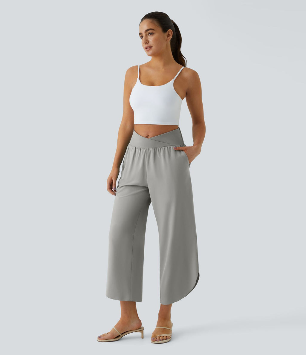 Breezeful™ Pantalon Fluide Vacances Séchage Rapide Taille Haute Croisée Poches Latérales Plissées Fente