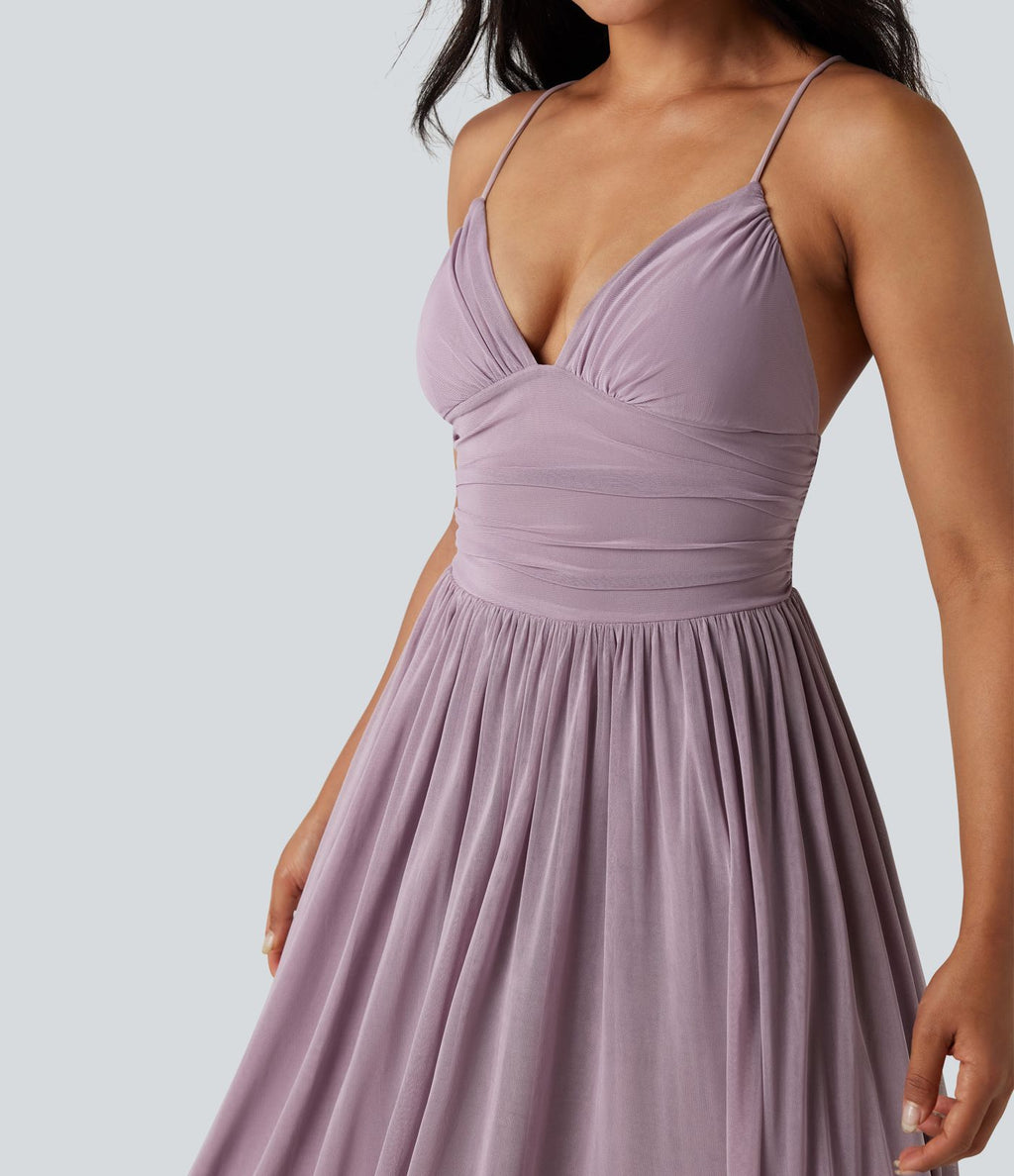 Robe longue à bretelles en résille superposée avec laçage et soutien-gorge intégré
