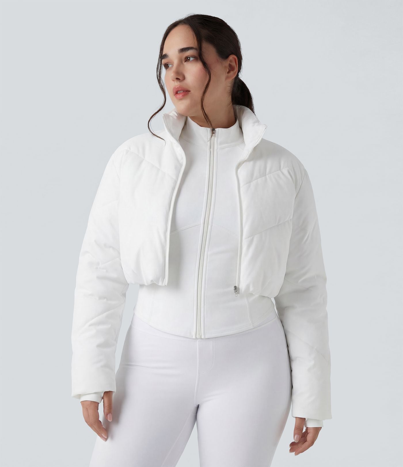 PuffFlex Grande taille Doudoune courte 3-en-1 col montant casual & Veste à ourlet arrondi et trous pour les pouces avec poches