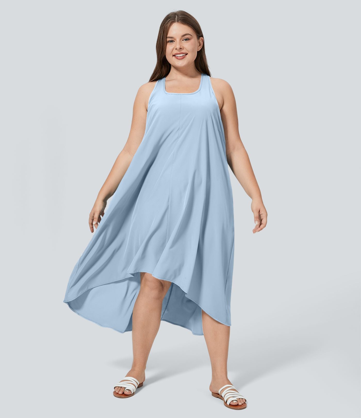 Breezeful™ Dos Nu Racerback Poche Latérale Haut Bas Fluide Midi Séchage Rapide Décontracté Robe Grande Taille