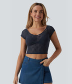 T-shirt casual court col cœur manches courtes en dentelle