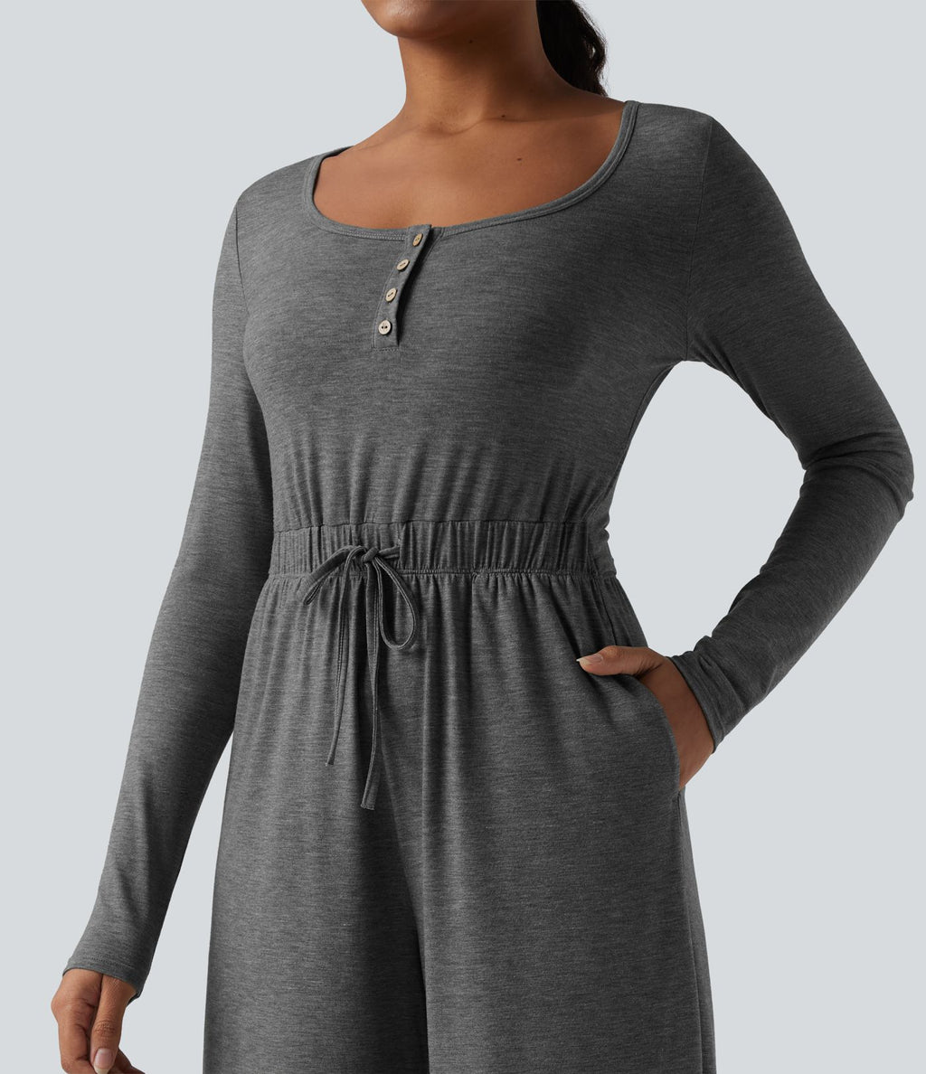 Combinaison ample casual chinée Henley à manches longues avec cordon de serrage et poches - Easy Peasy
