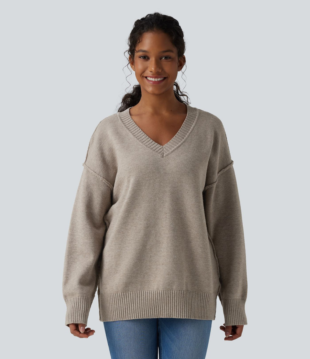 Pull décontracté col V à manches longues et épaules tombantes
