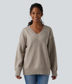 Pull décontracté col V à manches longues et épaules tombantes