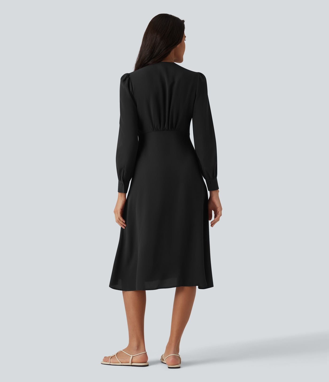 Robe casual midi col V à manches longues bouffantes