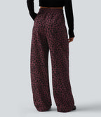 Pantalon léopard velours côtelé imprimé coupe droite mop taille haute avec poches
