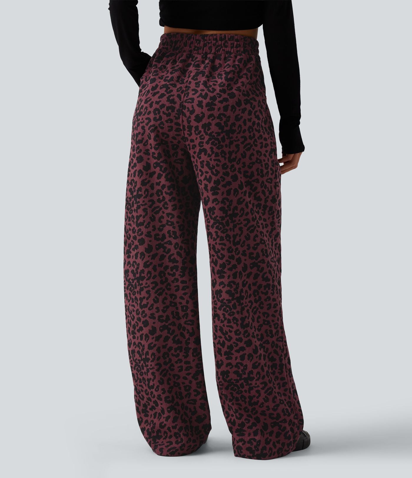 Pantalon léopard velours côtelé imprimé coupe droite mop taille haute avec poches