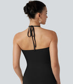 Robe midi de plage à col halter avec brassière intégrée, lien noué au dos et poches