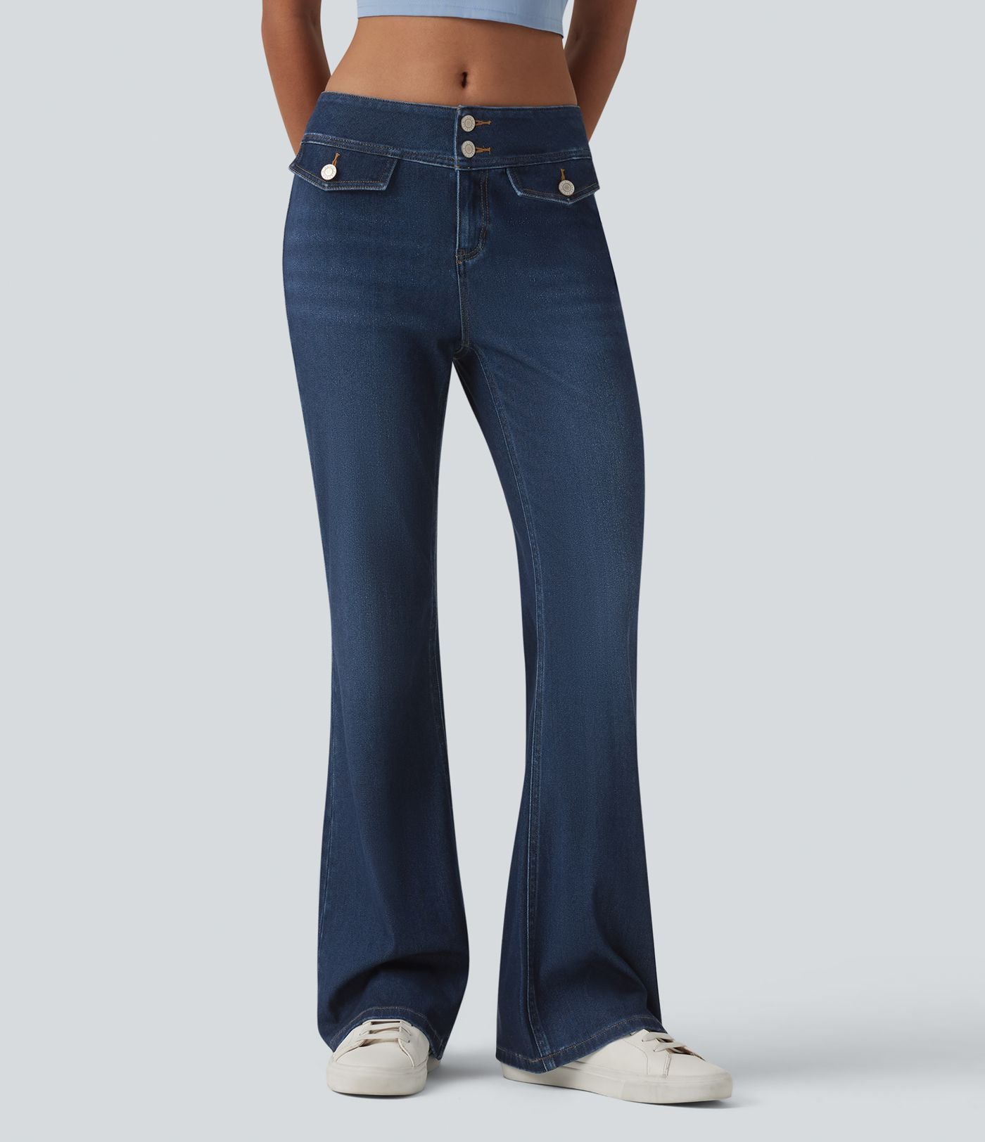 Halara Flex™ Jean évasé casual taille basse en lyocell drapé effet délavé, avec poches