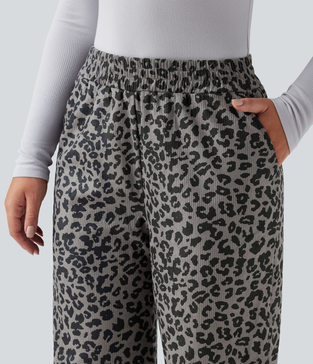 Pantalon léopard ample décontracté velours côtelé imprimé taille haute avec poches