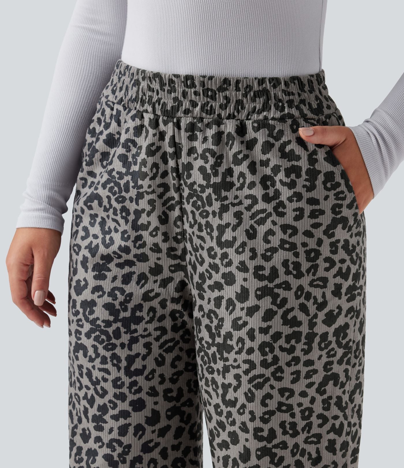 Pantalon léopard ample décontracté velours côtelé imprimé taille haute avec poches