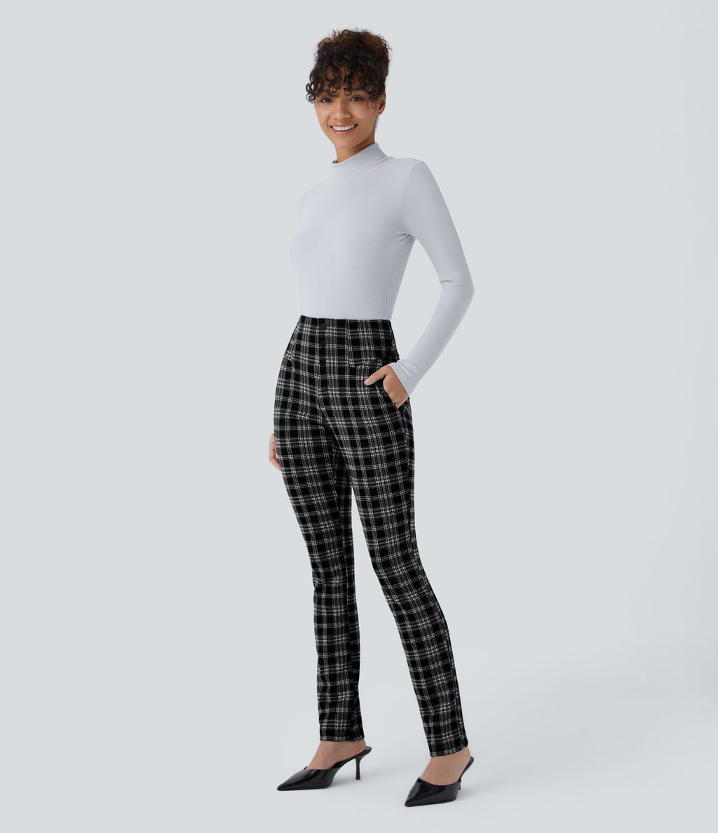 Halara Flex™ Pantalon tailleur Cintrés à Taille Haute avec Boutons Décoratifs Poches Latérales et Imprimé Pied-de-Poule