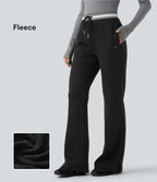 Pantalon jogging évasé molleton coton taille haute avec cordon de serrage, poches, empiècements contrastés et ourlet fend