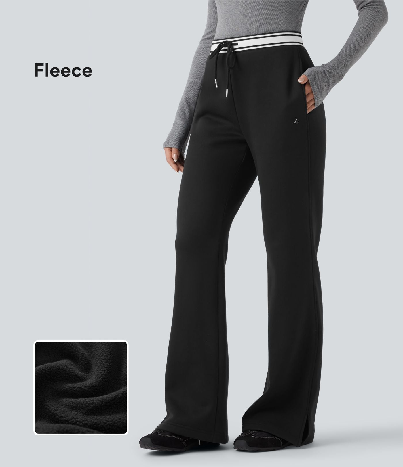 Pantalon jogging évasé molleton coton taille haute avec cordon de serrage, poches, empiècements contrastés et ourlet fend
