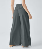 Pantalon décontracté palazzo en maille gaufrée, fluide, large, plissé, taille haute, avec poches