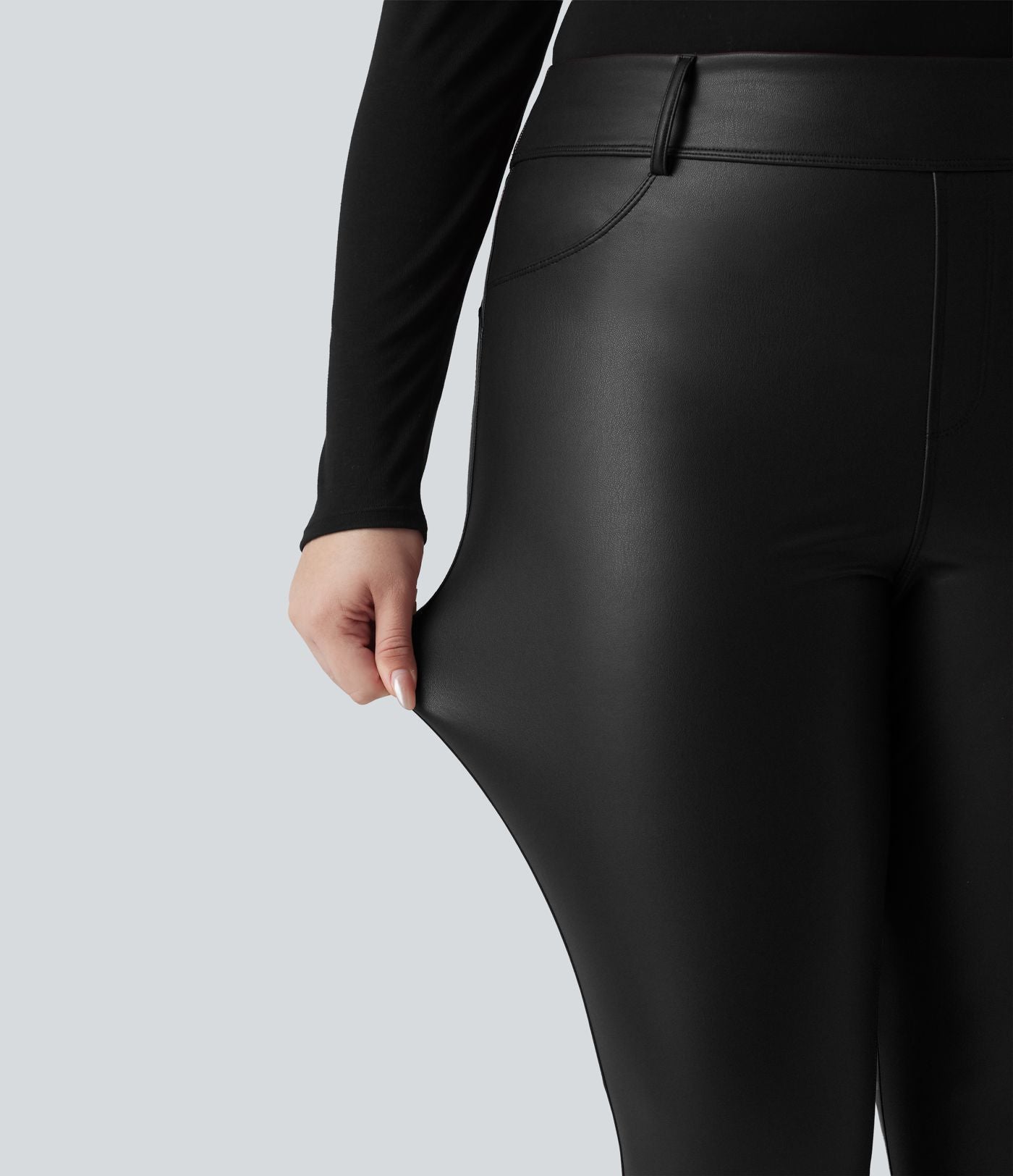 Legging grande taille en simili stretch doublé polaire, taille haute avec poches