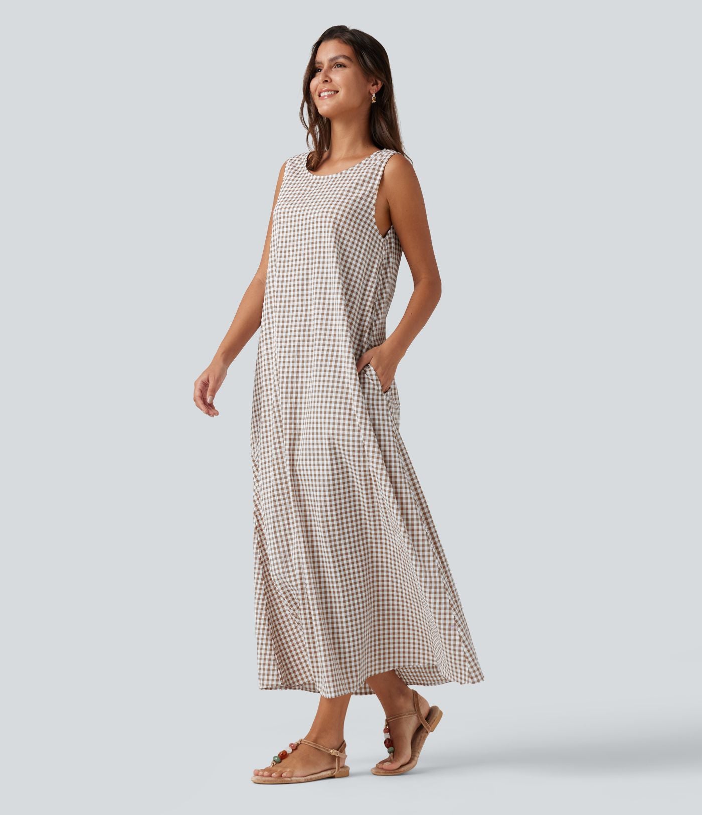 Robe débardeur midi décontractée col rond sans manches en vichy froissé avec poches
