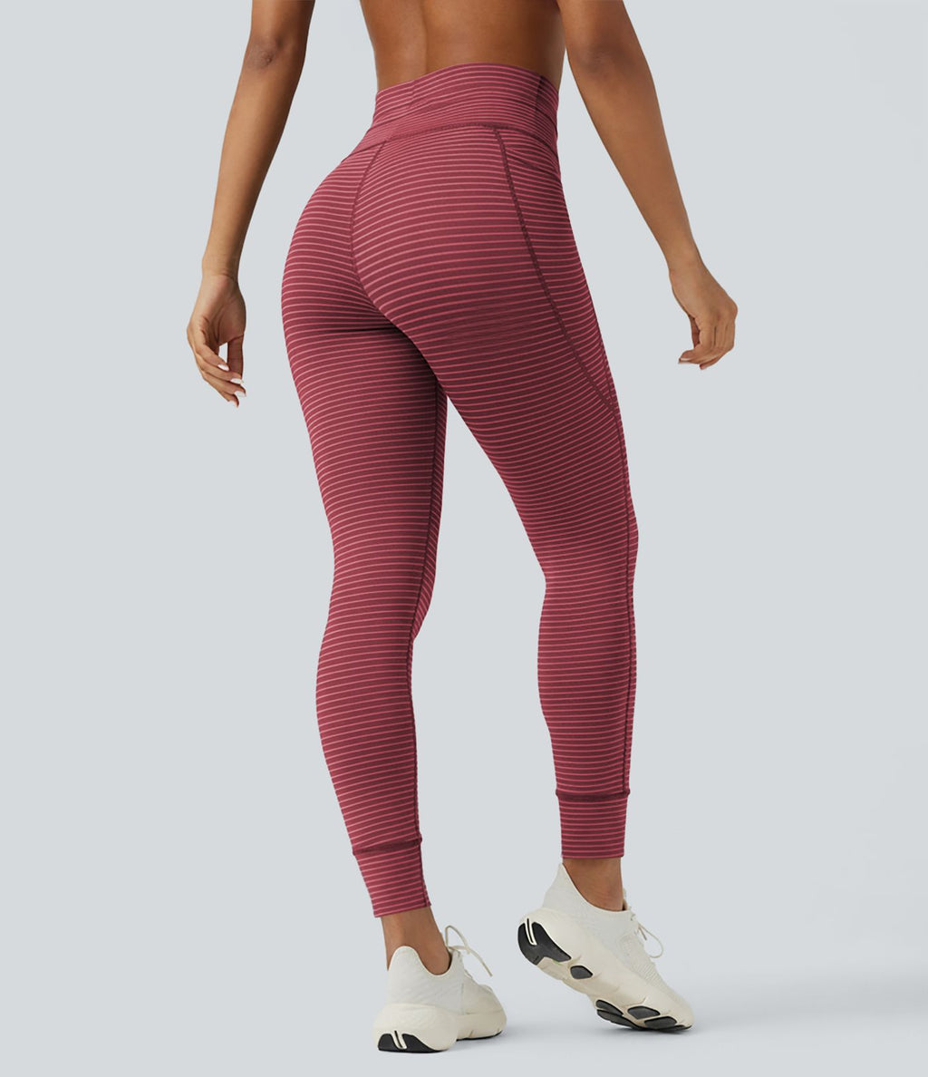 Legging de yoga rayé taille haute avec cordon de serrage et poches