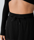 Pantalon Yoga 2 en 1 à Taille Haute avec Cordon de Serrage Maille Contrastée Fendu Poche Latérale et Jambes Amples et Fluides