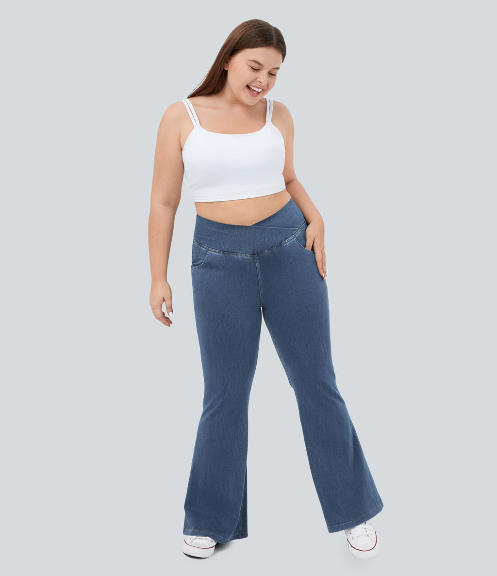 Jean super évasé Halara Flex™ grande taille en maille denim extensible délavée taille haute avec poches croisées effet frais InstantCool respirant