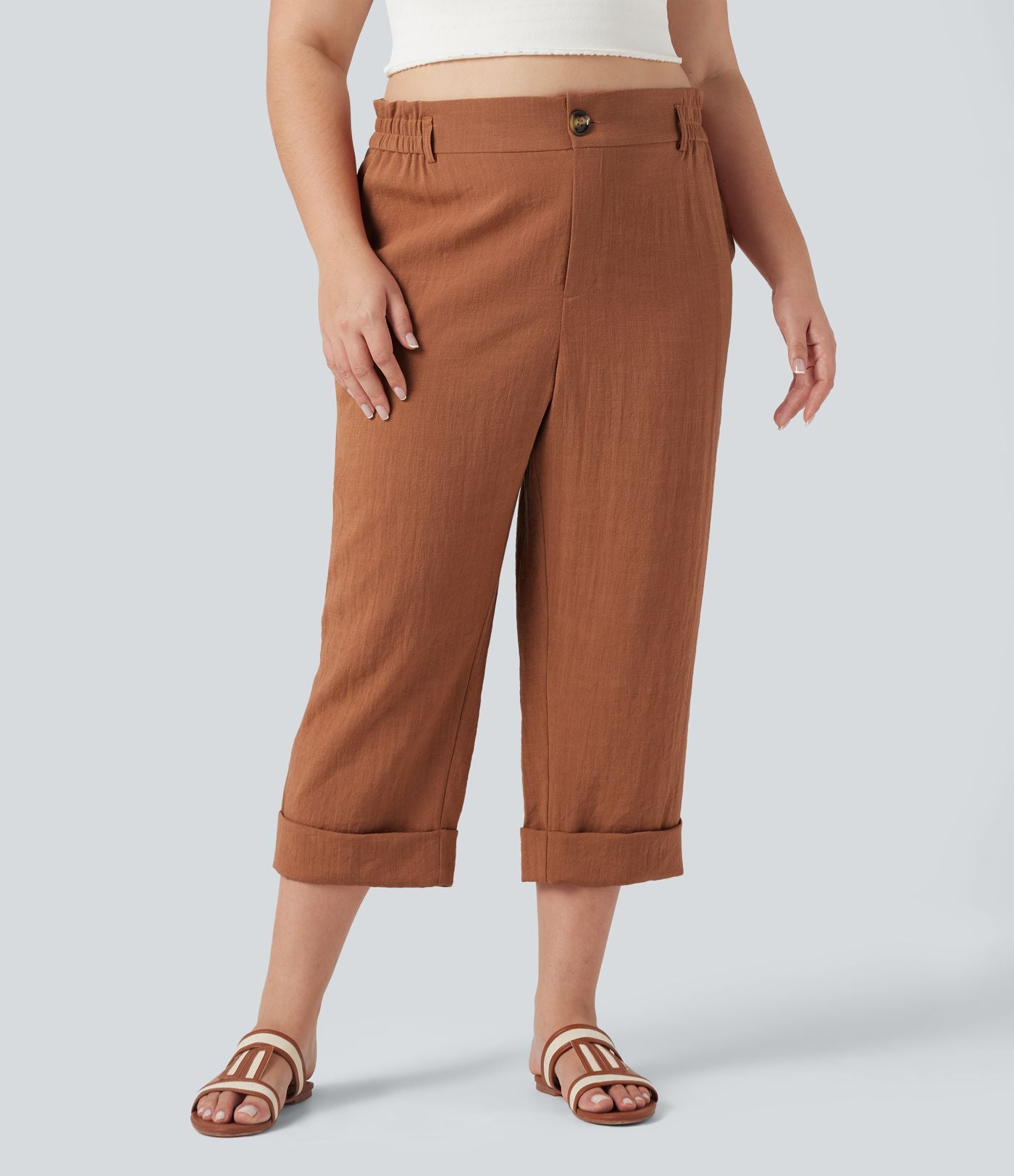 Pantalon de villégiature capri effet lin, grande taille, taille haute, avec poches