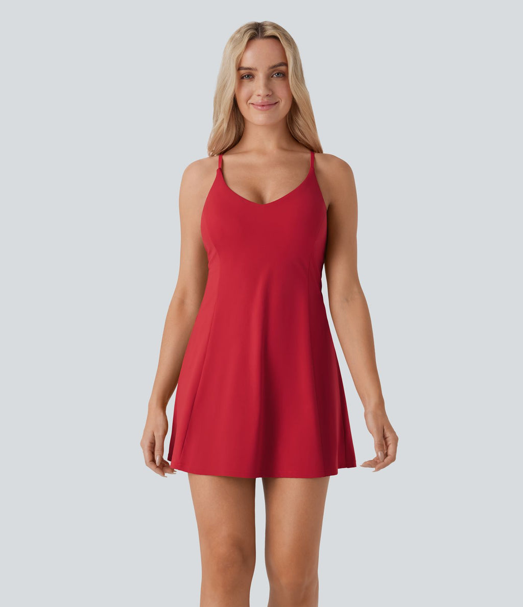 Softlyzero™ Airy Robe de danse courte évasée dos-nu 2-en-1 avec dos nageur, bretelles ajustables et poches latérales - Édition Easy Peasy