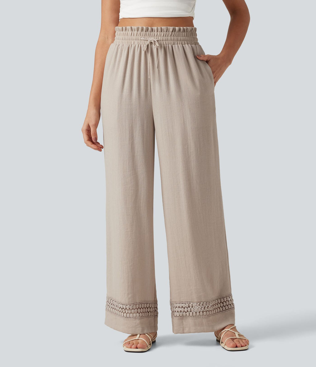 Pantalon effet lin taille haute avec cordon de serrage, bord volanté et poches