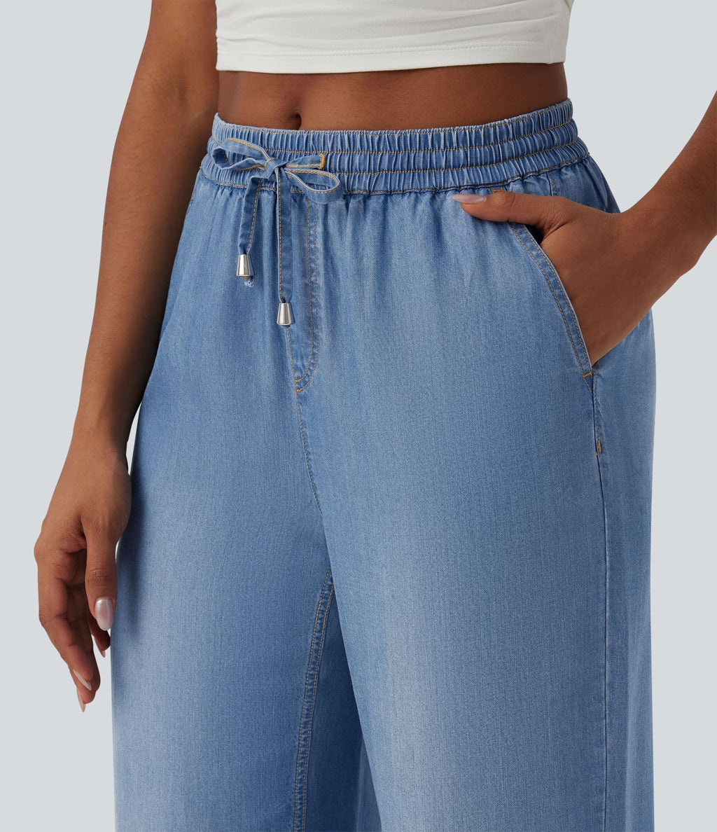 Jean large décontracté drapé taille mi-haute en lyocell avec cordon de serrage et poches