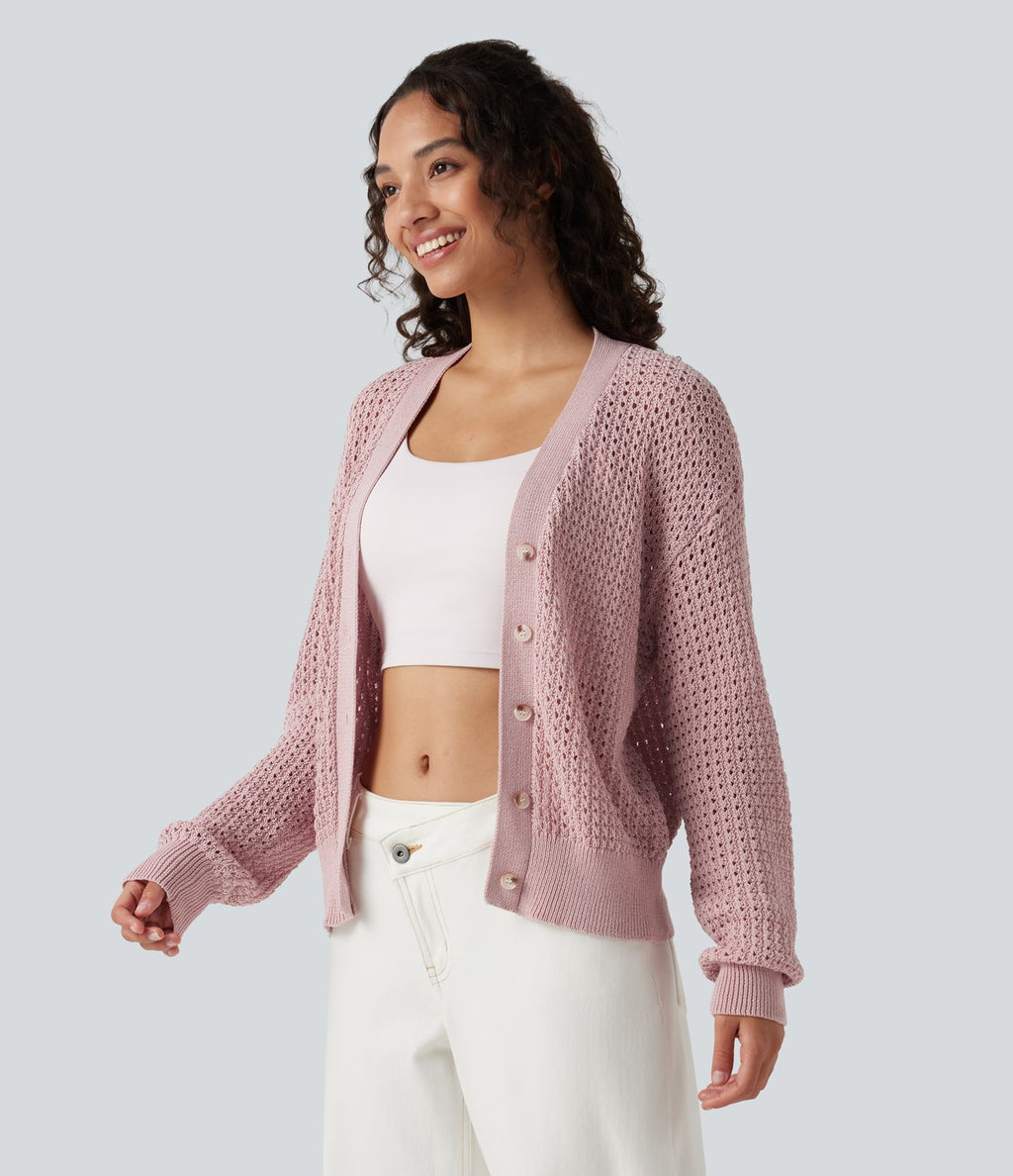 Cardigan décontracté en maille tricotée col V manches longues