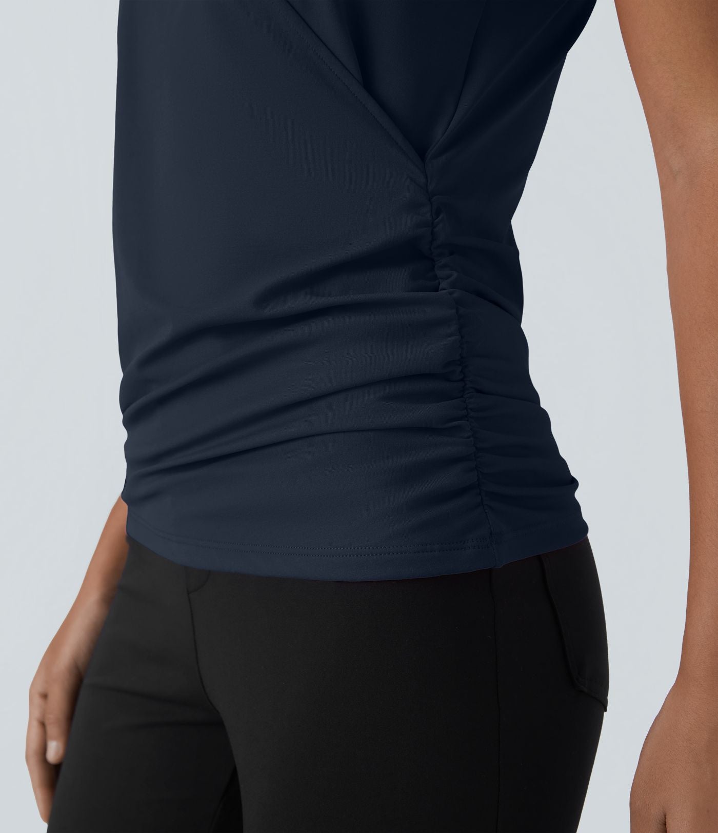 Blouse Travail Unie Froncée Croisée Manches Courtes Col en V