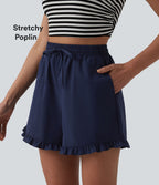 Short casual ample taille haute en popeline extensible à cordon de serrage et ourlet volants avec poches