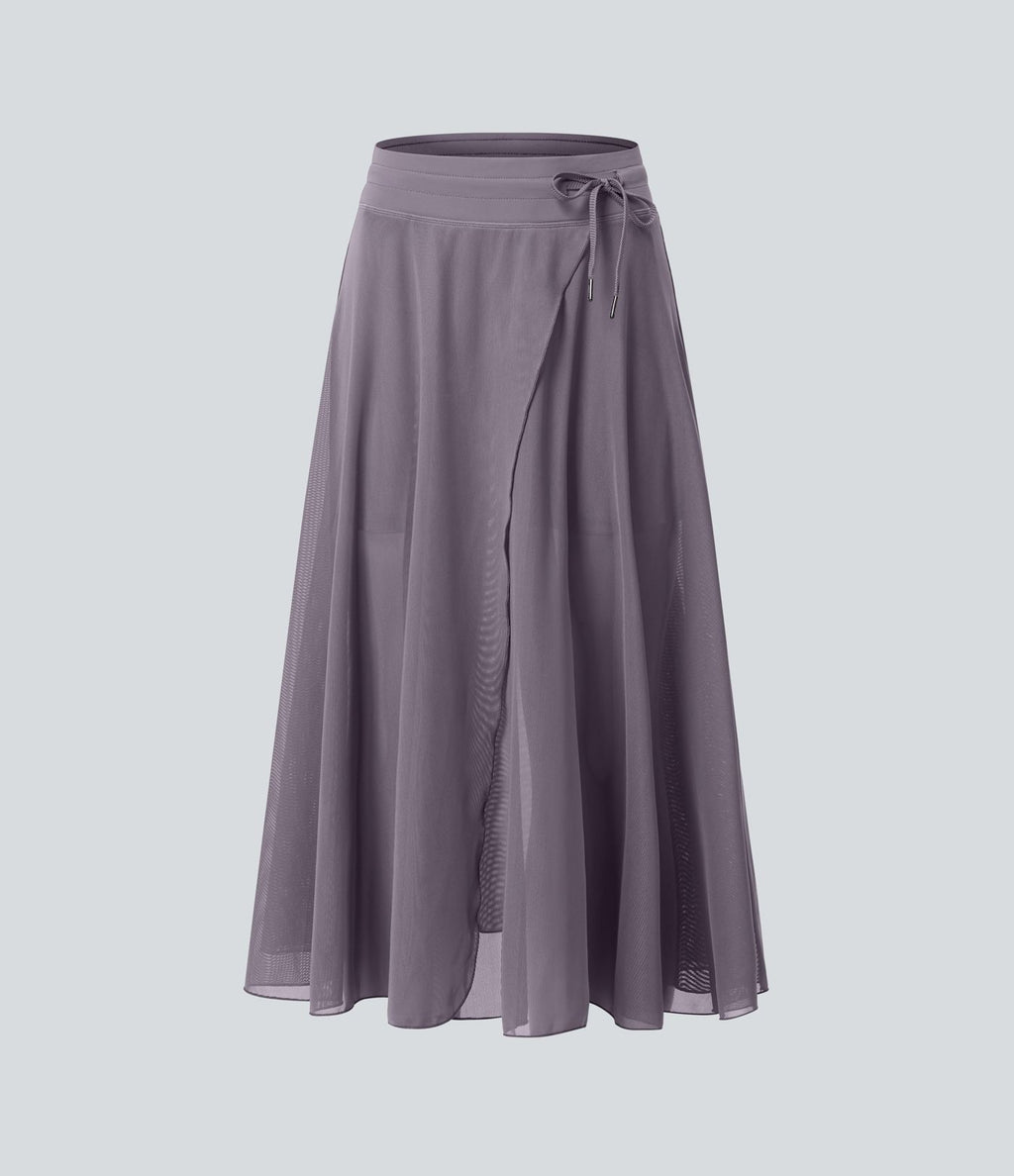 Jupe Casual Évasée Mesh Mi-Longue Fuide 2 en 1 Contrastée Taille Haute Cordon Poche Latérale