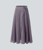 Jupe Casual Évasée Mesh Mi-Longue Fuide 2 en 1 Contrastée Taille Haute Cordon Poche Latérale