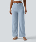 Pantalon taille haute coupe droite effet lin avec poches