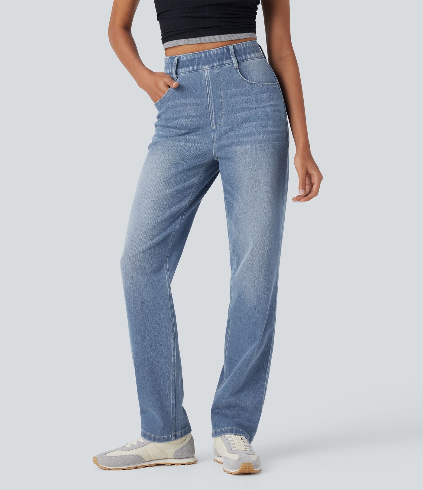Halara Flex™ Jean casual délavé jambe droite taille haute gainant avec poches